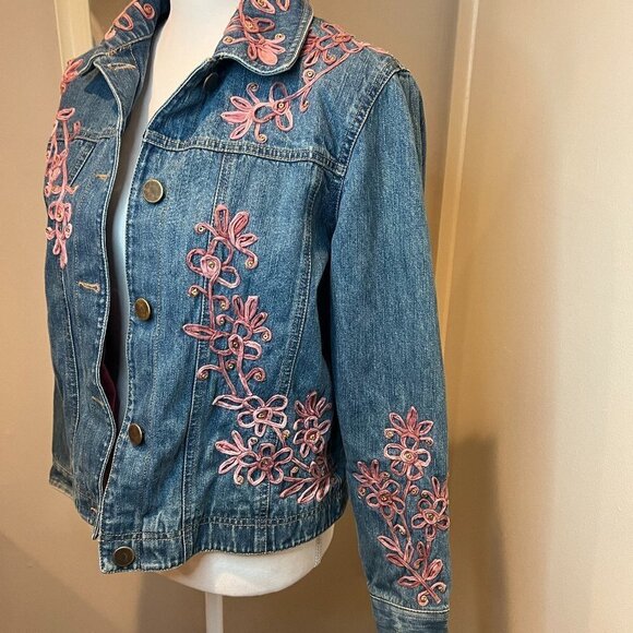 Coldwater Creek Soutache Rose Pink Floral Embroidered Jean Jacket, Size Small - Picture 2 of 14